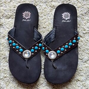 Dark brown cowhide and Turquoise yellow box Embellished Sandals